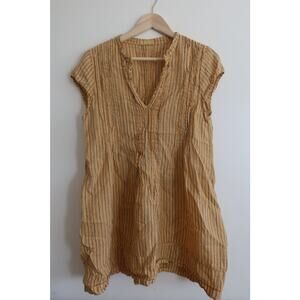 CP Shades Regina 100% Linen Yellow Striped Cap Sleeve Tunic Dress Women's Medium